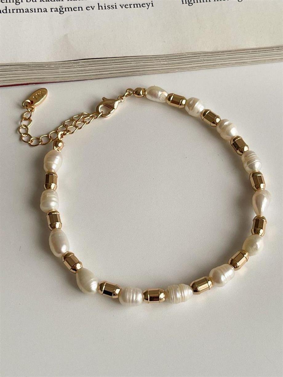 Özel Mikro Altın Kaplama İncili Gold Boncuklu Vip Bİleklik (22 Cm)