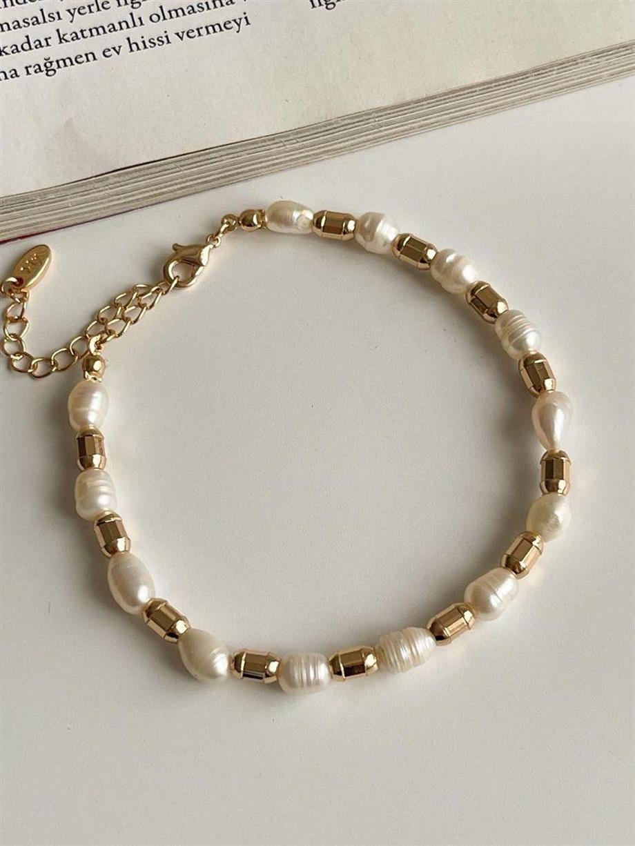 Özel Mikro Altın Kaplama İncili Gold Boncuklu Vip Bİleklik (22 Cm)