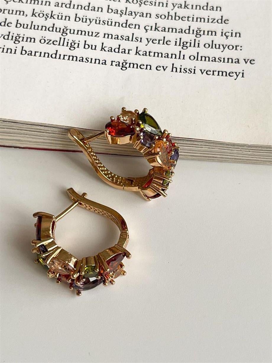 Özel Mikro Altın Kaplama Renkli Taşlı Vip Küpe (2 Cm)