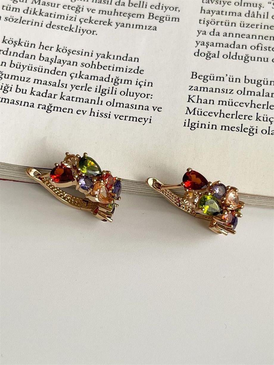 Özel Mikro Altın Kaplama Renkli Taşlı Vip Küpe (2 Cm)