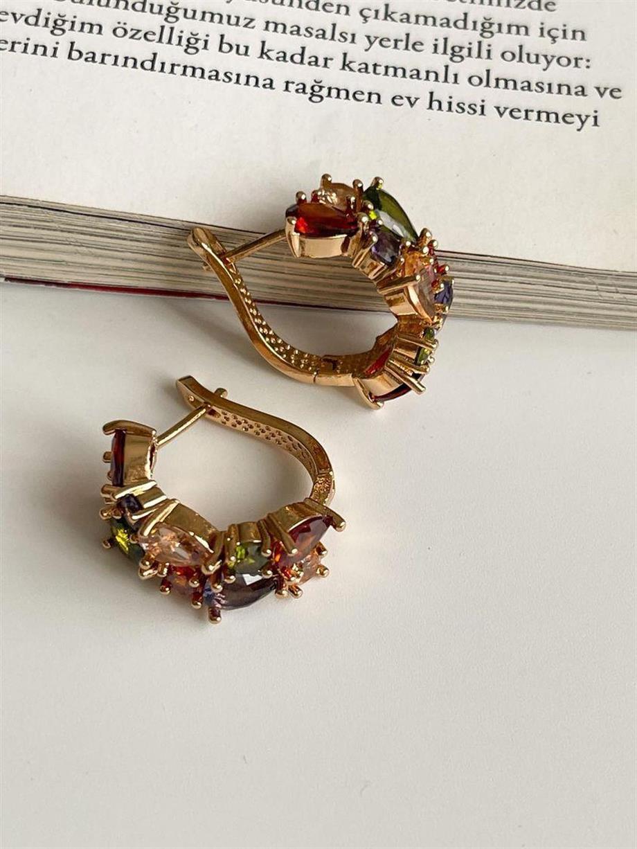 Özel Mikro Altın Kaplama Renkli Taşlı Vip Küpe (2 Cm)