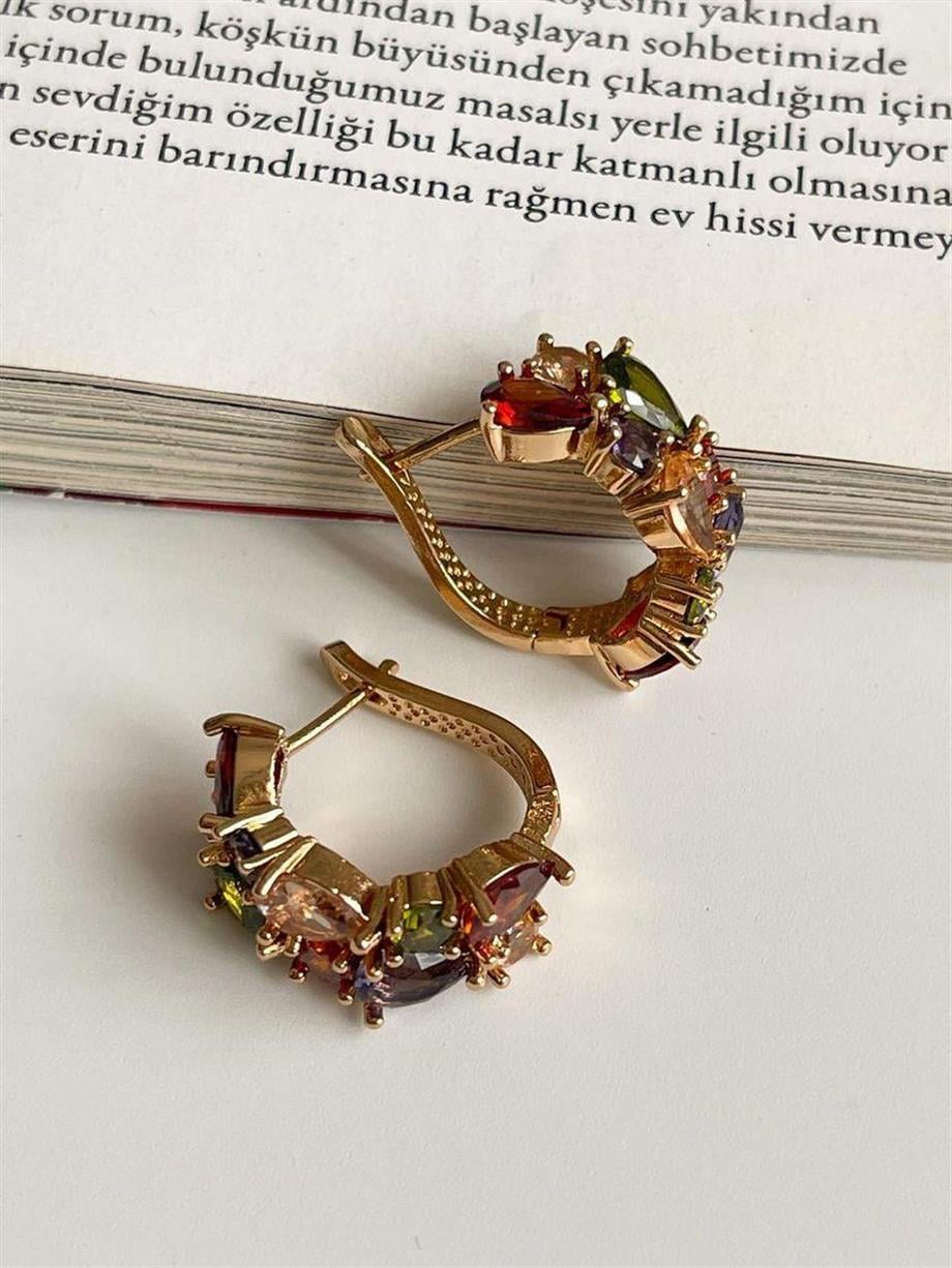 Özel Mikro Altın Kaplama Renkli Taşlı Vip Küpe (2 Cm)