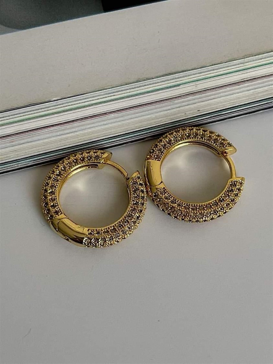 Özel Seri Gold Renk Zirkon Taşlı Halka Küpe (2 Cm)