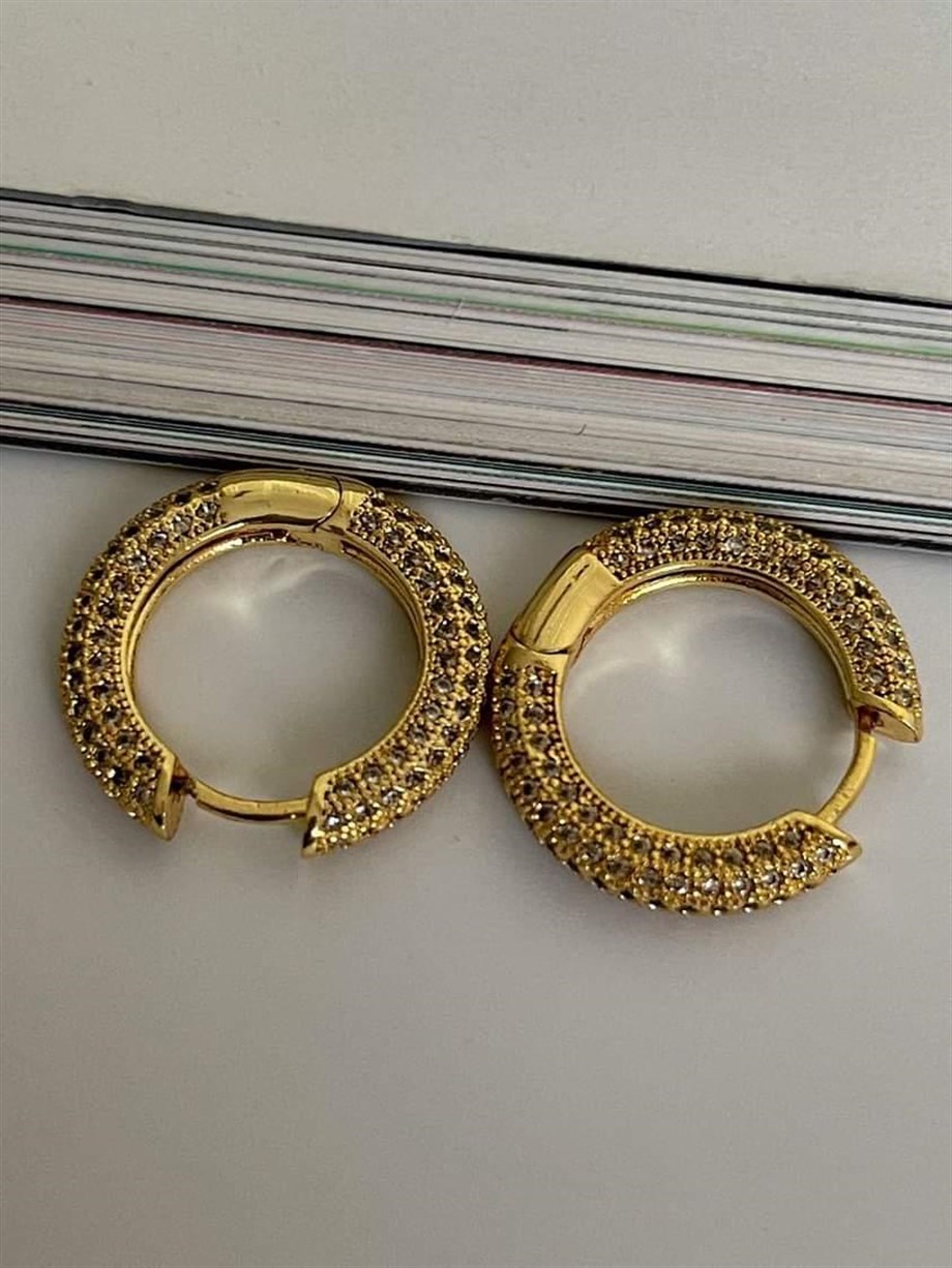 Özel Seri Gold Renk Zirkon Taşlı Halka Küpe (2 Cm)