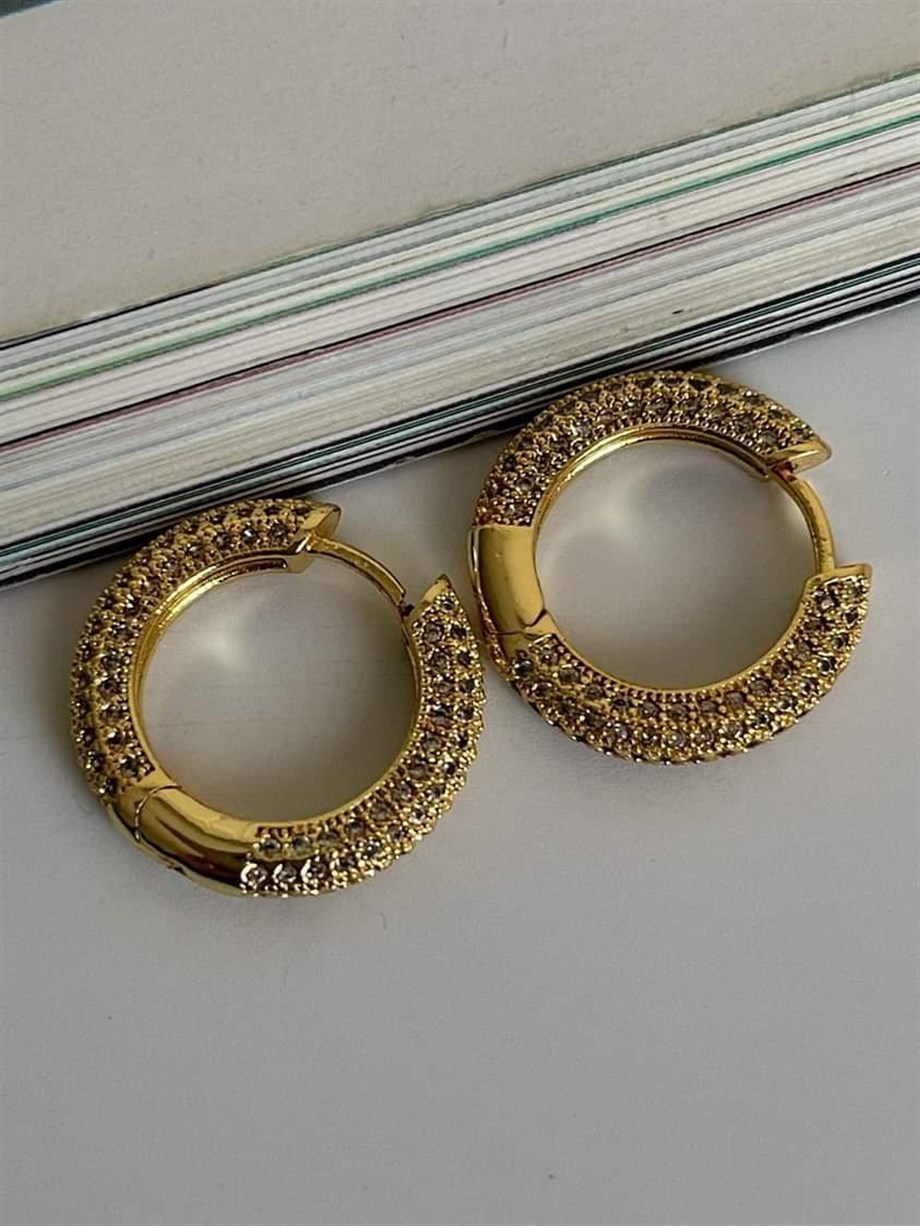 Özel Seri Gold Renk Zirkon Taşlı Halka Küpe (2 Cm)