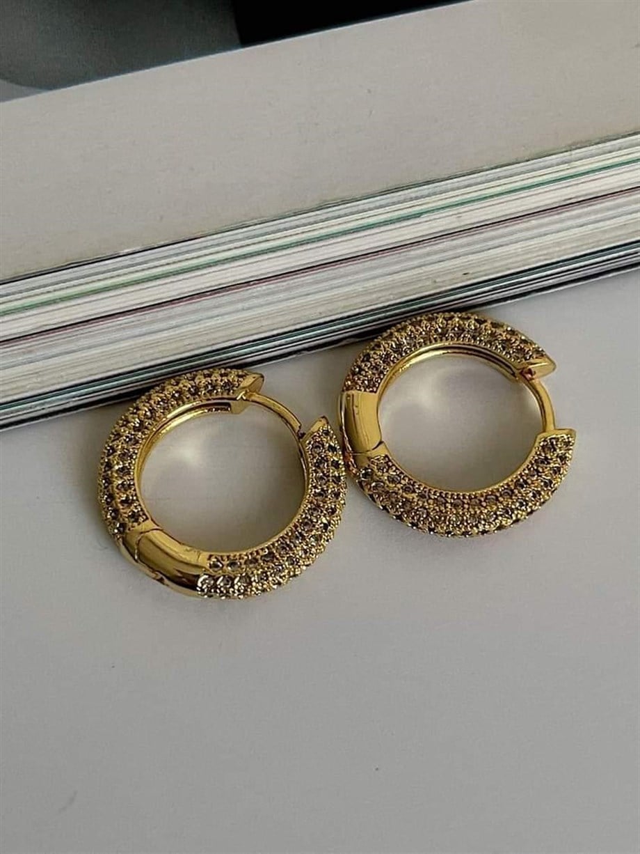 Özel Seri Gold Renk Zirkon Taşlı Halka Küpe (2 Cm)