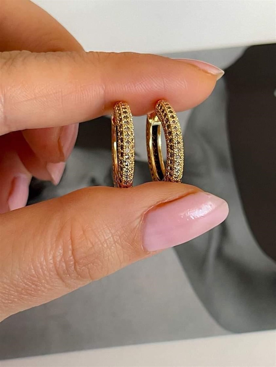 Özel Seri Gold Renk Zirkon Taşlı Halka Küpe (2 Cm)