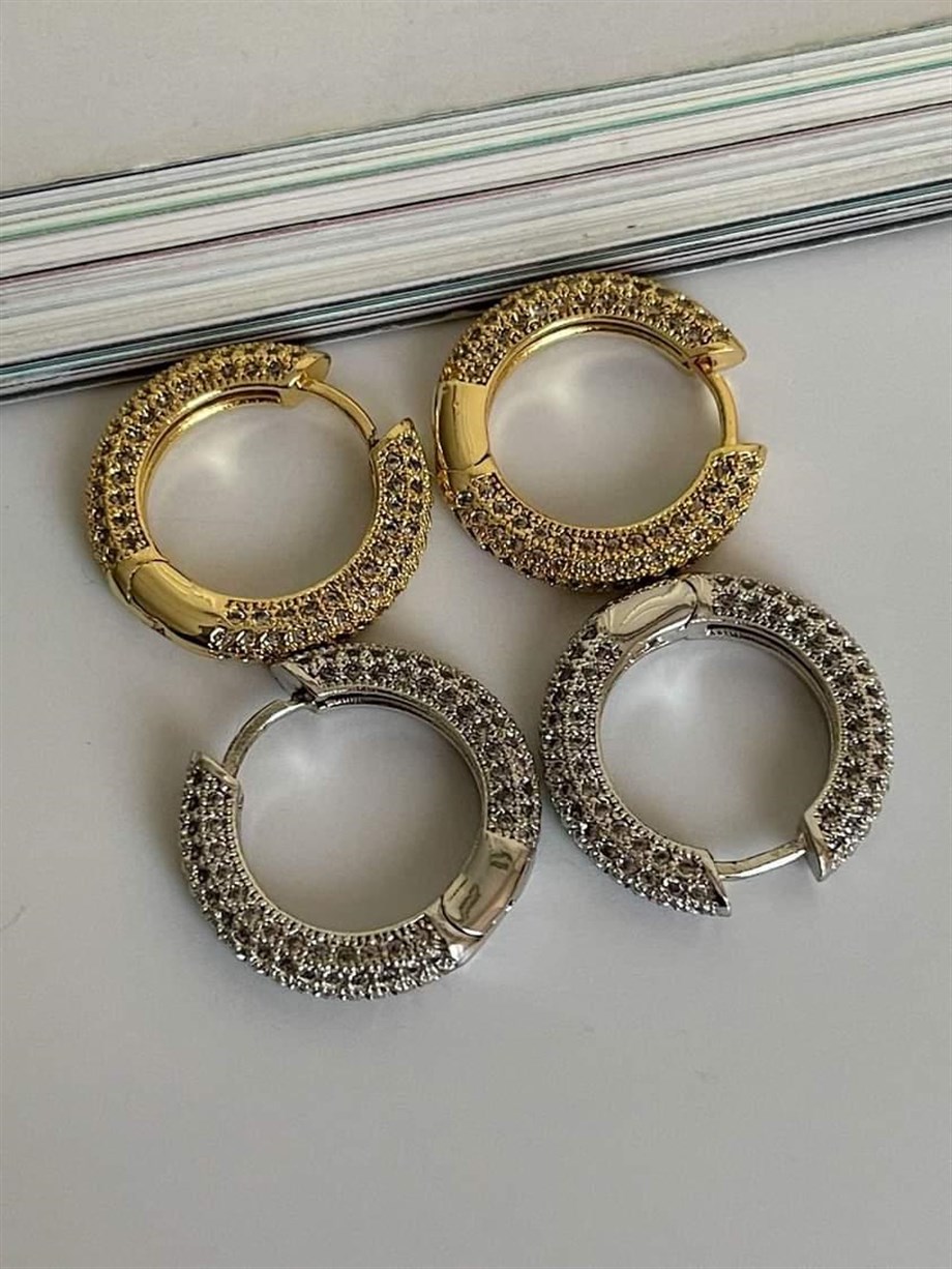 Özel Seri Gold Renk Zirkon Taşlı Halka Küpe (2 Cm)