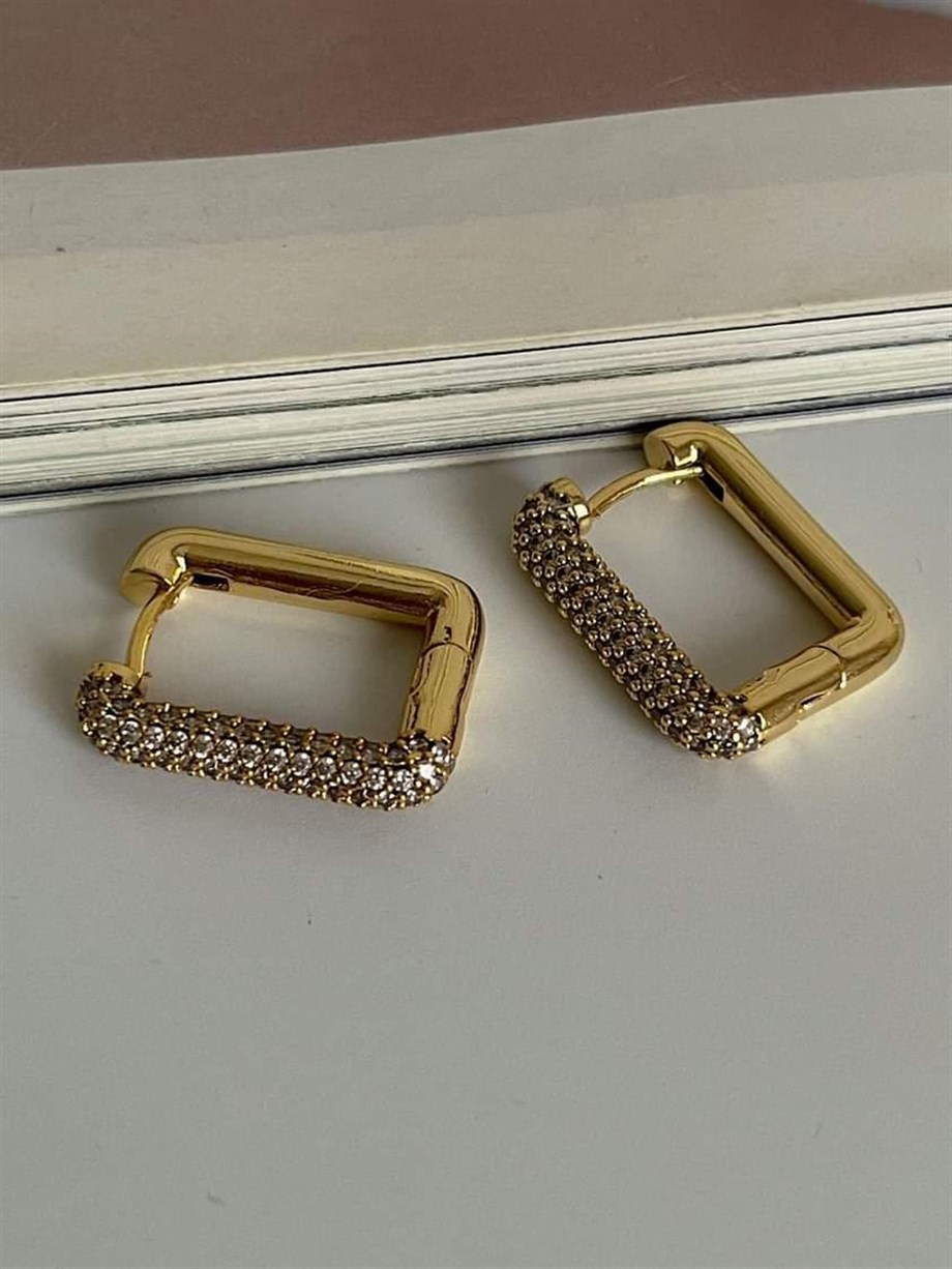 Özel Seri Gold Renk Zirkon Taşlı Kare Küpe (2.10 Cm)