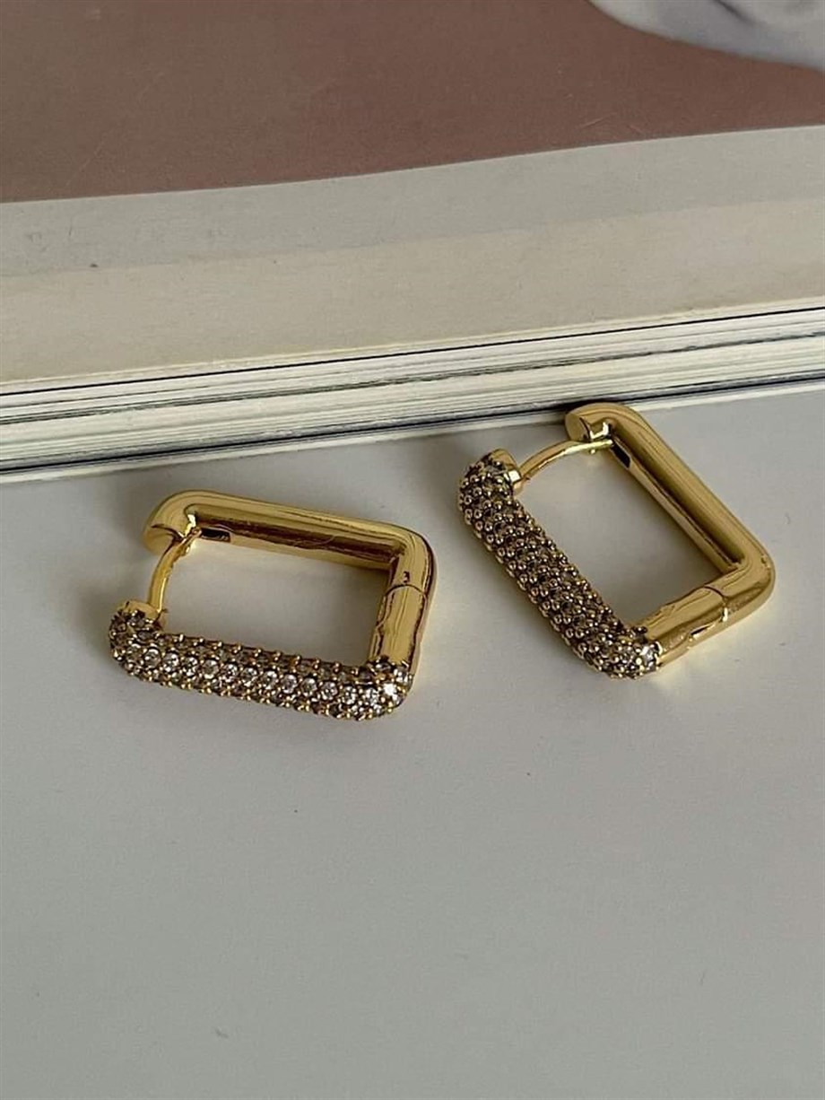 Özel Seri Gold Renk Zirkon Taşlı Kare Küpe (2.10 Cm)