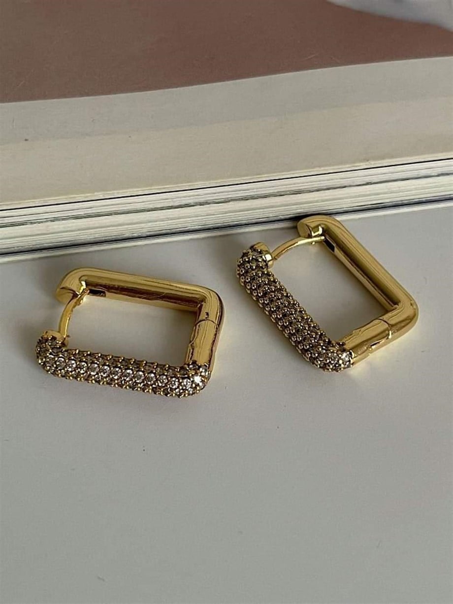 Özel Seri Gold Renk Zirkon Taşlı Kare Küpe (2.10 Cm)