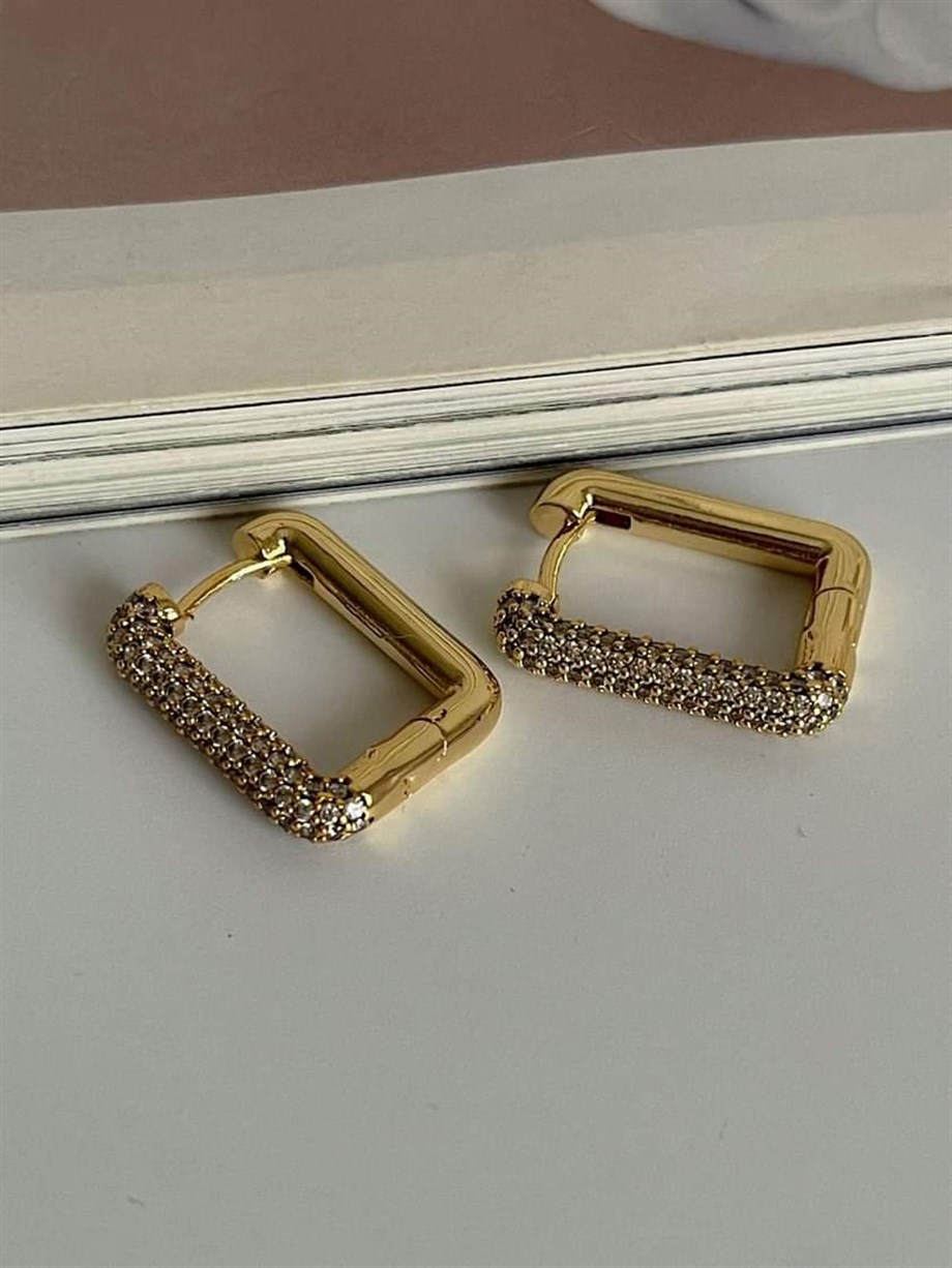 Özel Seri Gold Renk Zirkon Taşlı Kare Küpe (2.10 Cm)