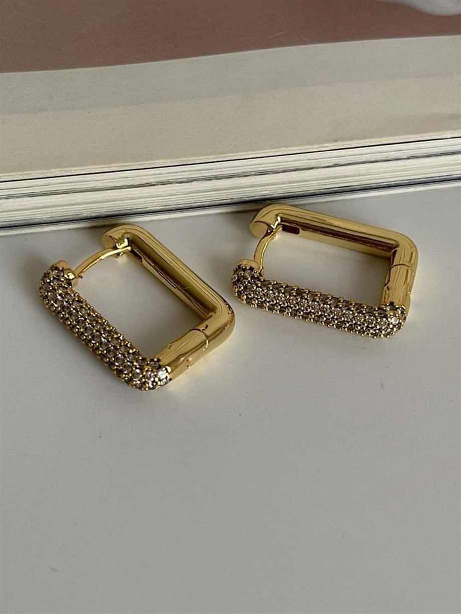 Özel Seri Gold Renk Zirkon Taşlı Kare Küpe (2.10 Cm)