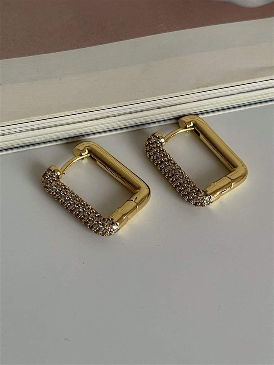 Özel Seri Gold Renk Zirkon Taşlı Kare Küpe (2.10 Cm)