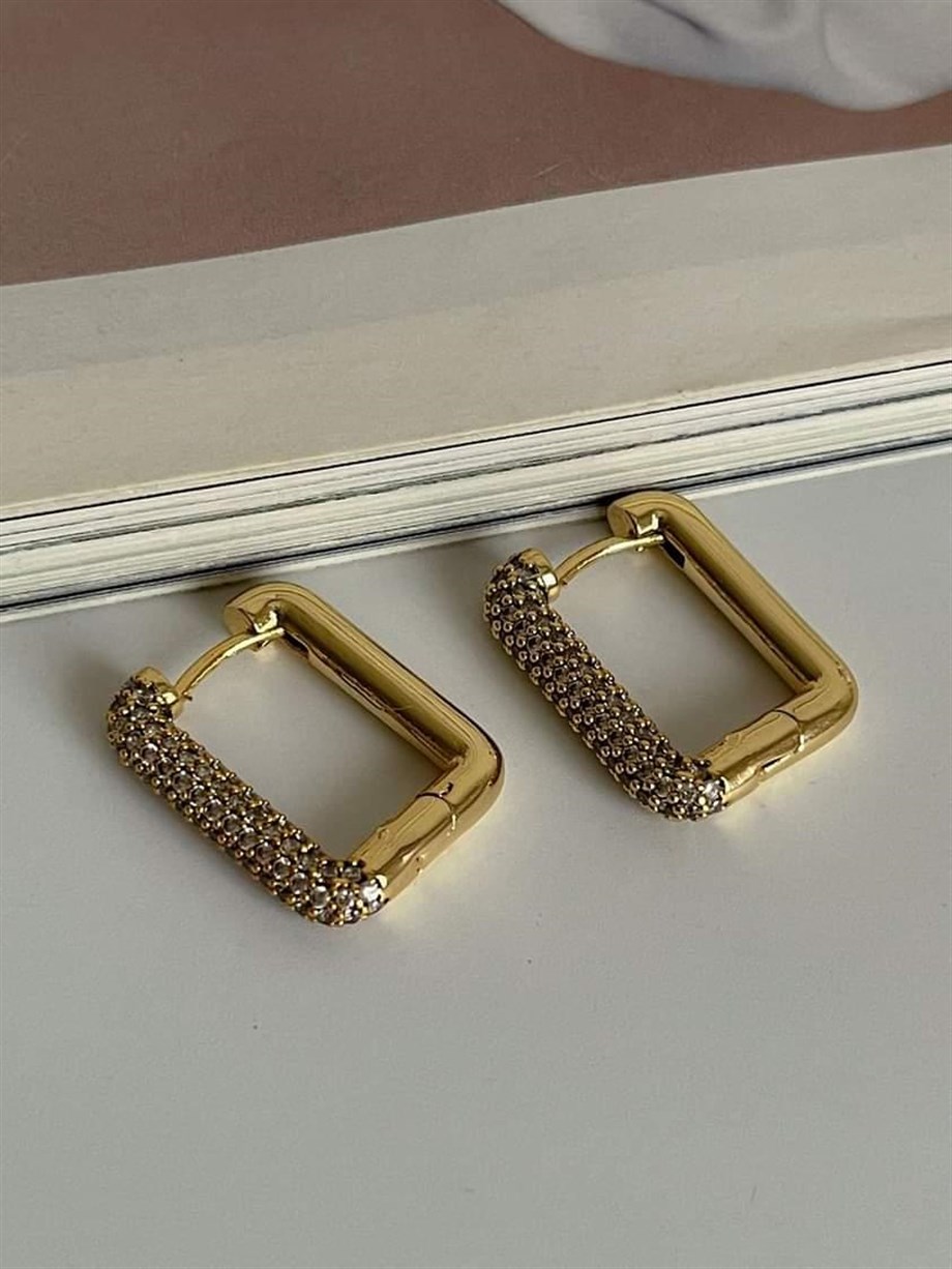 Özel Seri Gold Renk Zirkon Taşlı Kare Küpe (2.10 Cm)
