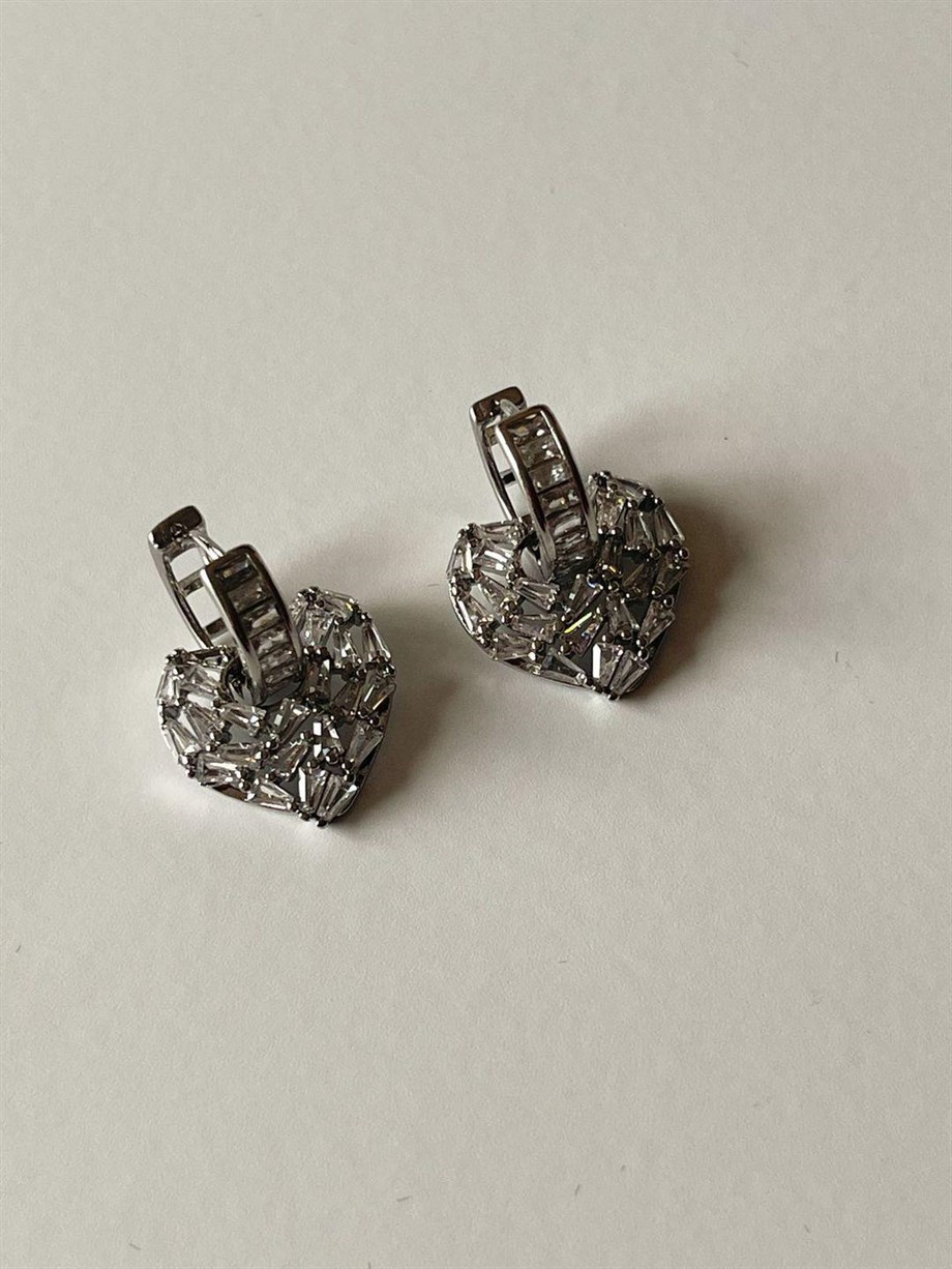 Özel Seri Gümüş Renk Vip Baget Taşlı Kalp Küpe (2.5 Cm)