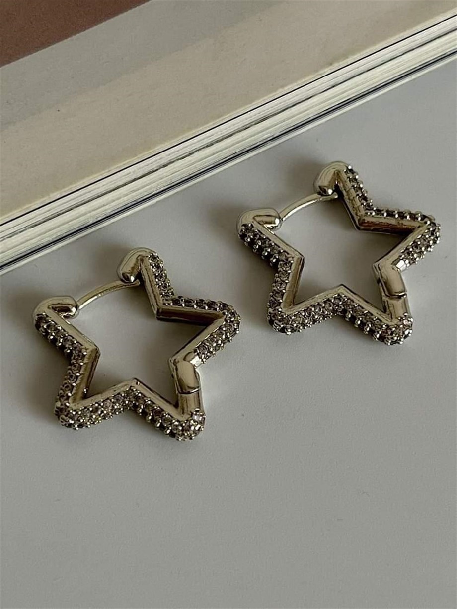 Özel Seri Gümüş Renk Vip Full Zirkon Taşlı Yıldız Küpe (2.20 Cm)