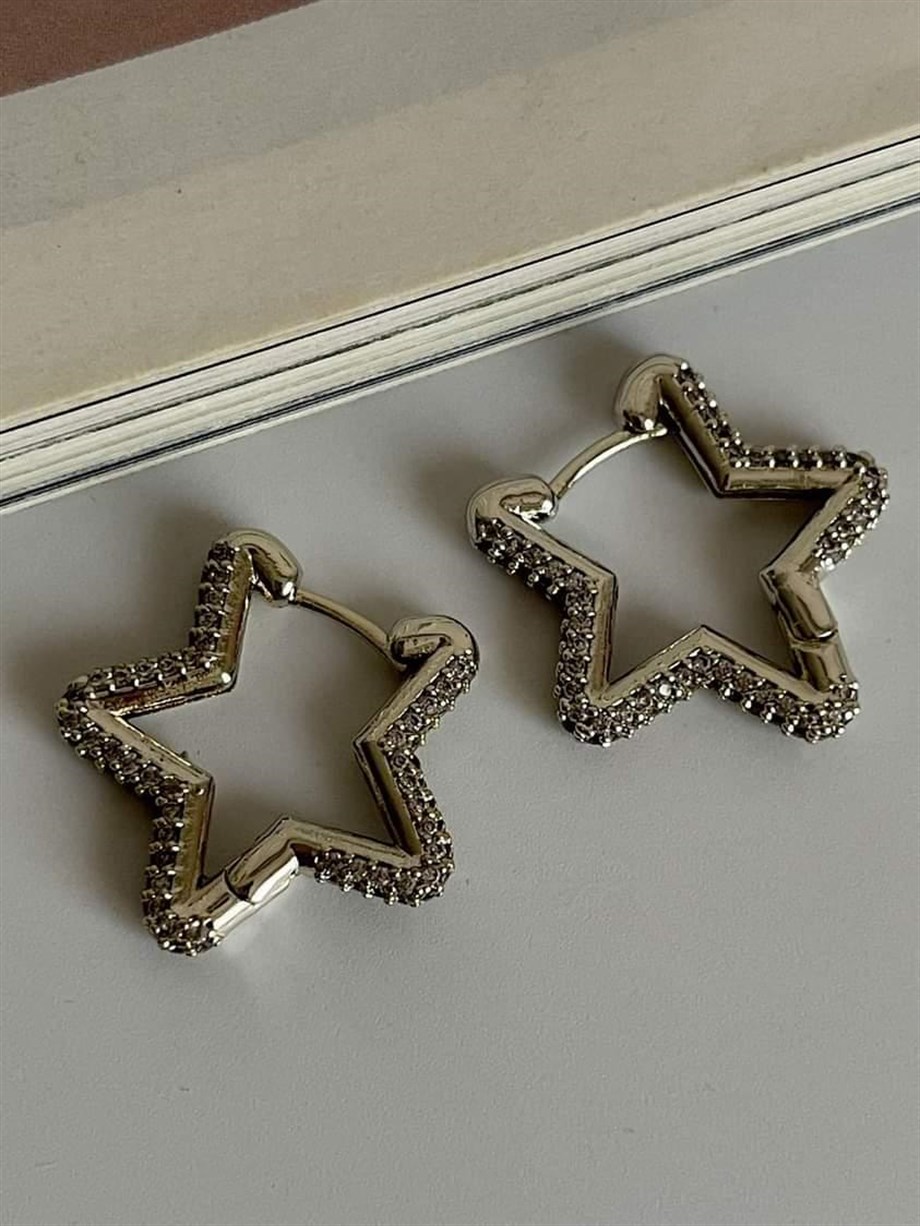 Özel Seri Gümüş Renk Vip Full Zirkon Taşlı Yıldız Küpe (2.20 Cm)