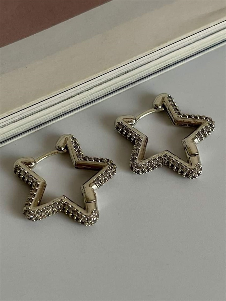 Özel Seri Gümüş Renk Vip Full Zirkon Taşlı Yıldız Küpe (2.20 Cm)