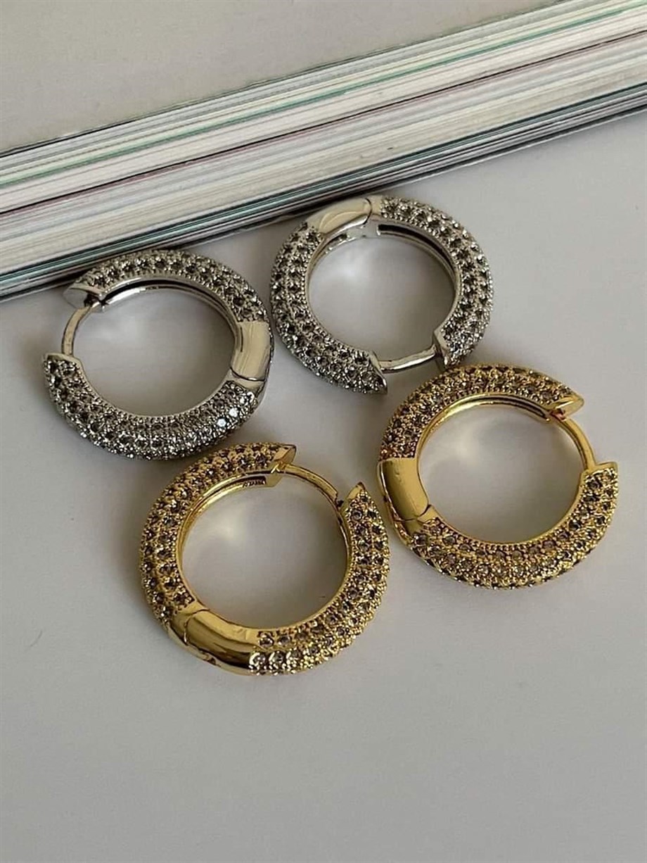 Özel Seri Gümüş Renk Zirkon Taşlı Halka Küpe (2 Cm)