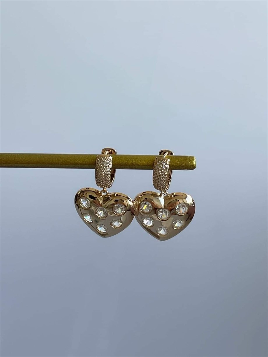 Özel Seri Pirinç Üzeri Altın Kaplama Taşlı Kalp Küpe (3.5 Cm)