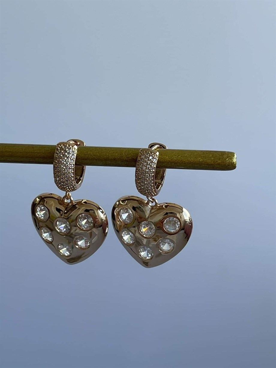 Özel Seri Pirinç Üzeri Altın Kaplama Taşlı Kalp Küpe (3.5 Cm)