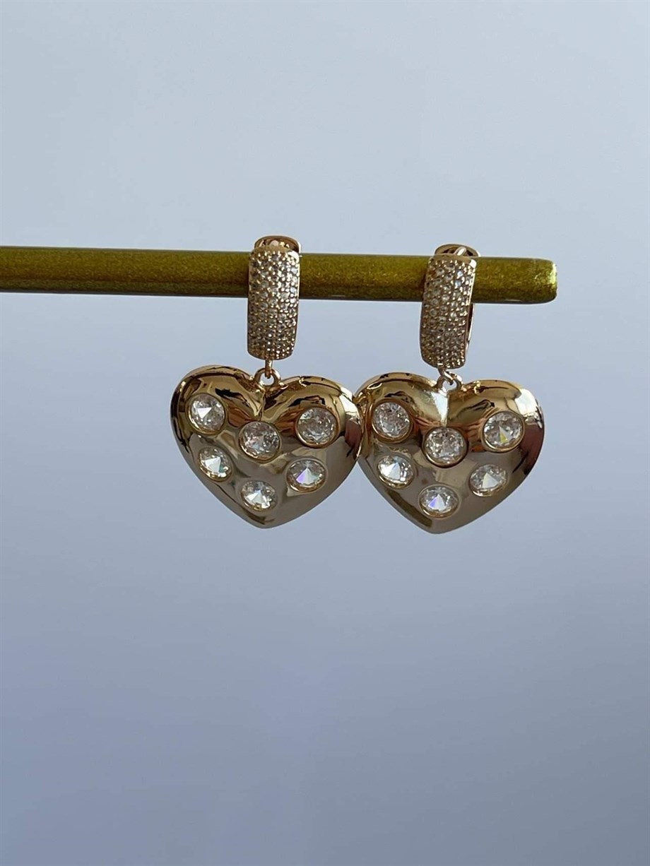Özel Seri Pirinç Üzeri Altın Kaplama Taşlı Kalp Küpe (3.5 Cm)