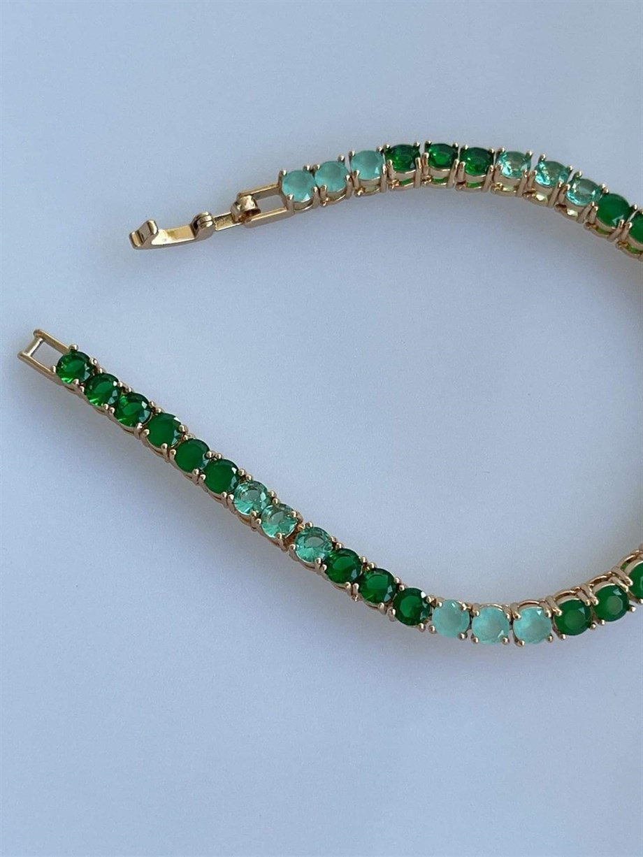 Özel Seri Pirinç Üzeri Altın Kaplama Yeşil Bileklik (19 Cm)