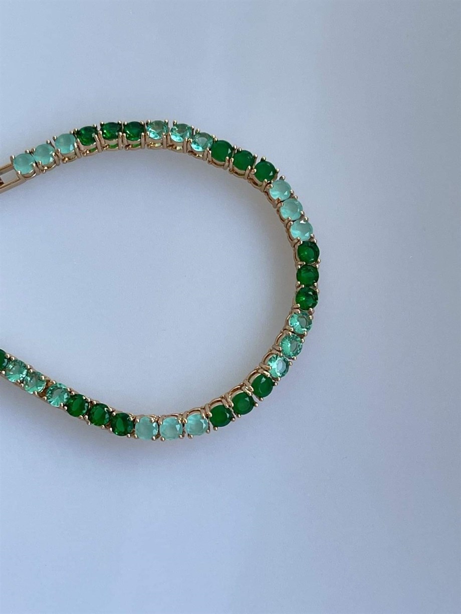 Özel Seri Pirinç Üzeri Altın Kaplama Yeşil Bileklik (19 Cm)