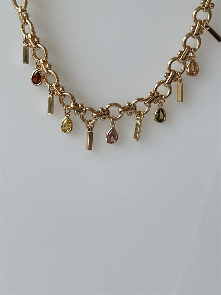 Özel Seri Pirinç Üzeri Mikron Altın Kaplama Renkli Taşlı Sallantılı Kolye (42 Cm)