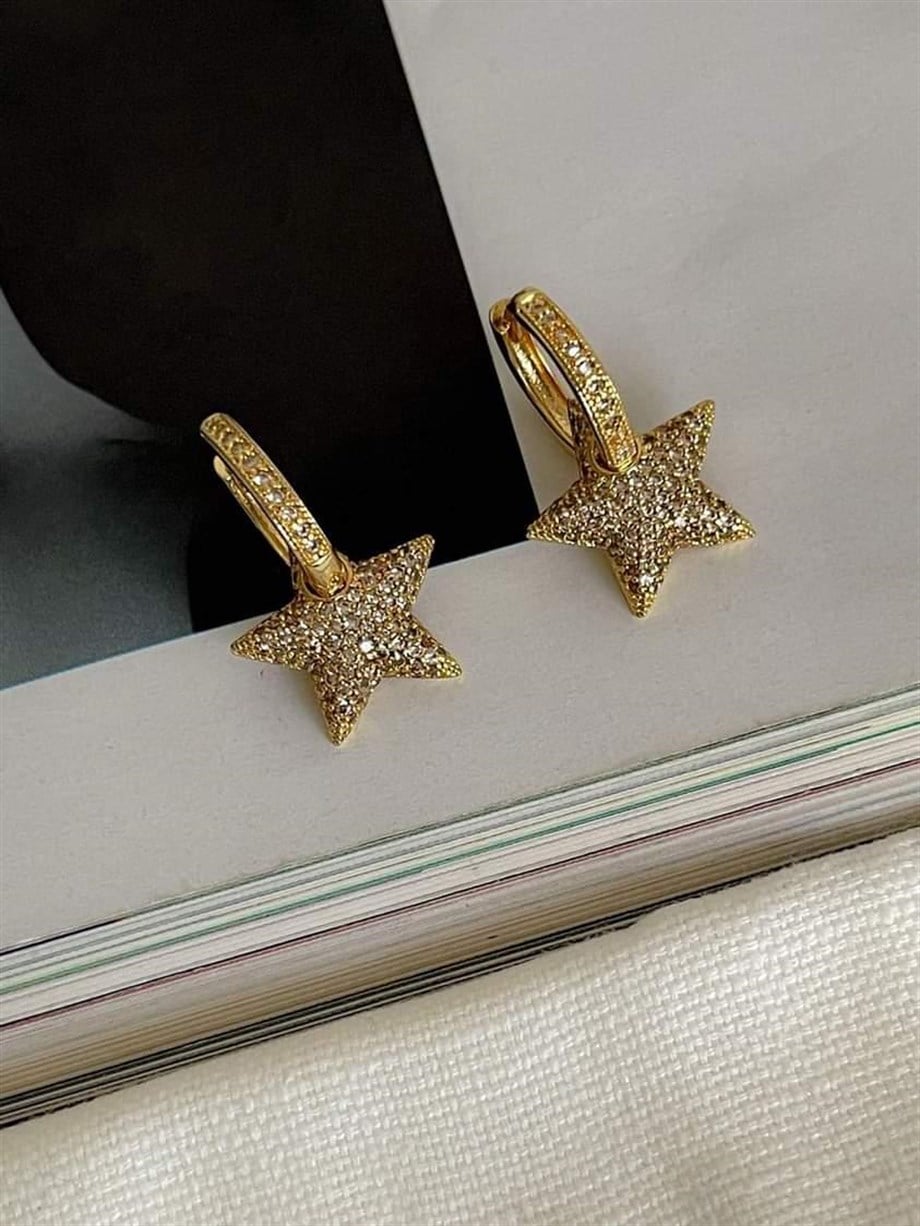 Özel Seri Vİp Gold Renk Full Zirkon Taşlı Yıldız Küpe (2 Cm)