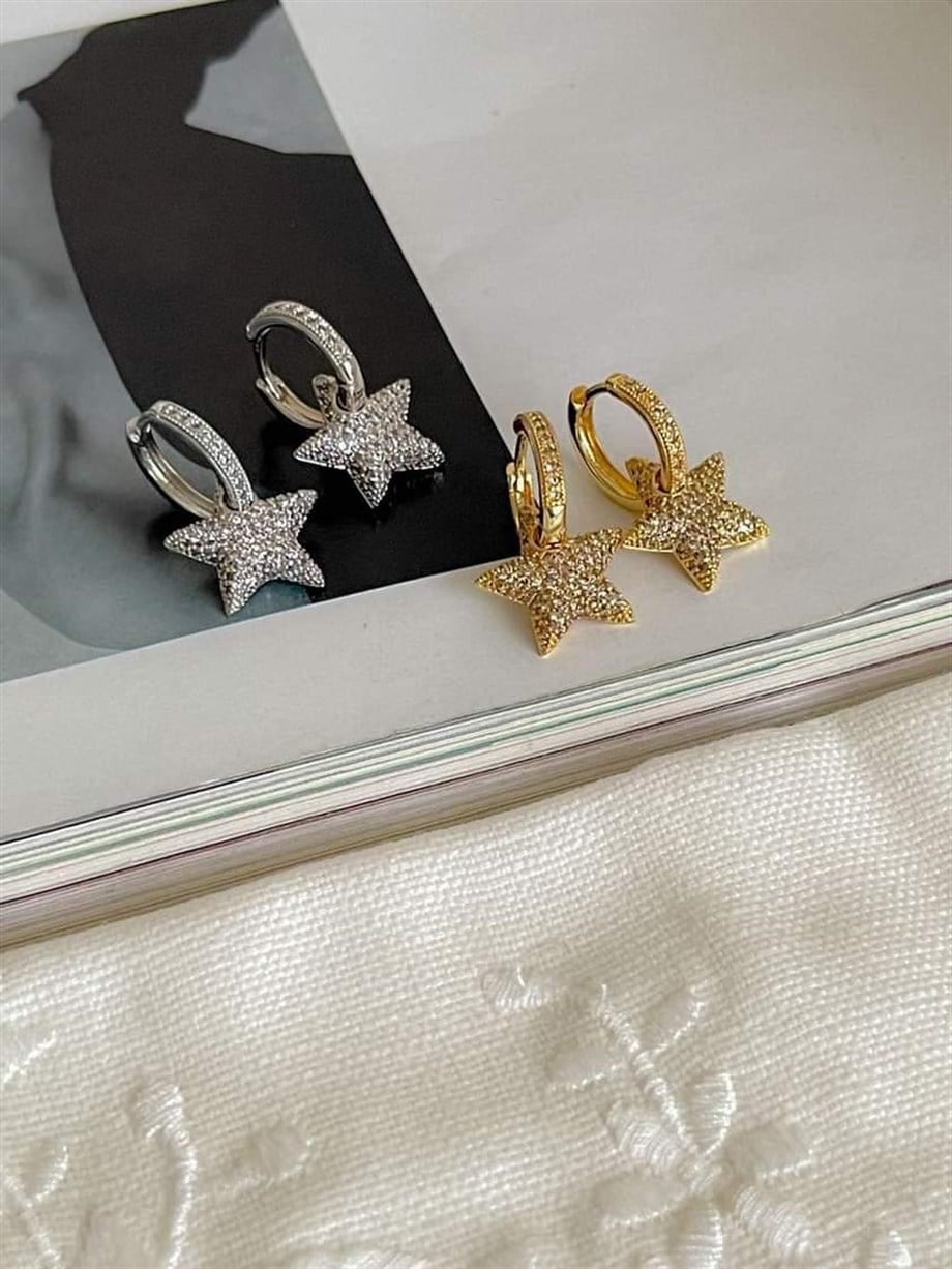 Özel Seri Vİp Gold Renk Full Zirkon Taşlı Yıldız Küpe (2 Cm)