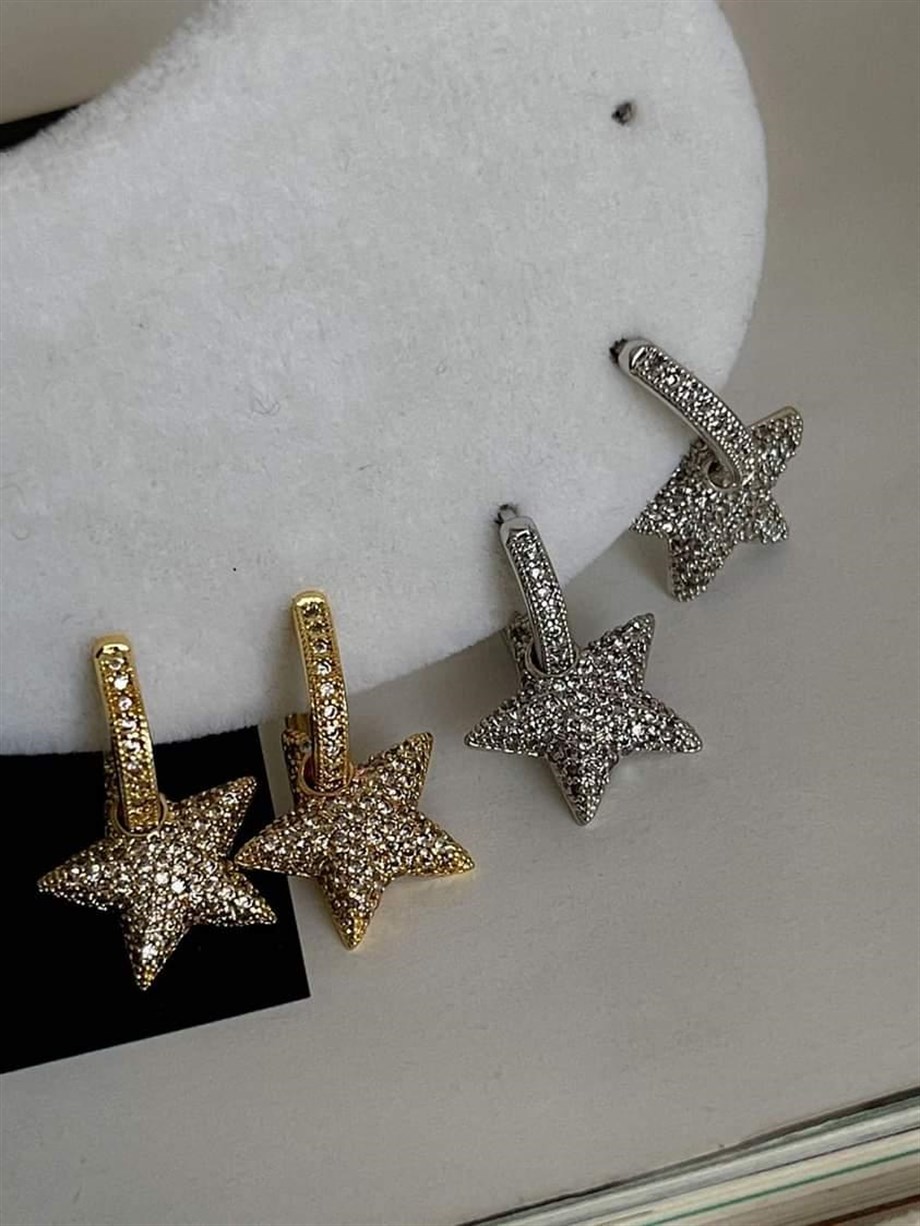 Özel Seri Vİp Gold Renk Full Zirkon Taşlı Yıldız Küpe (2 Cm)