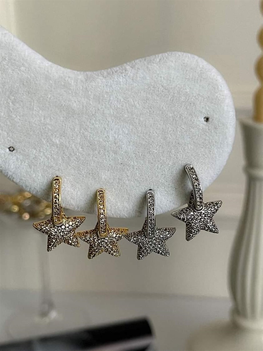 Özel Seri Vİp Gold Renk Full Zirkon Taşlı Yıldız Küpe (2 Cm)
