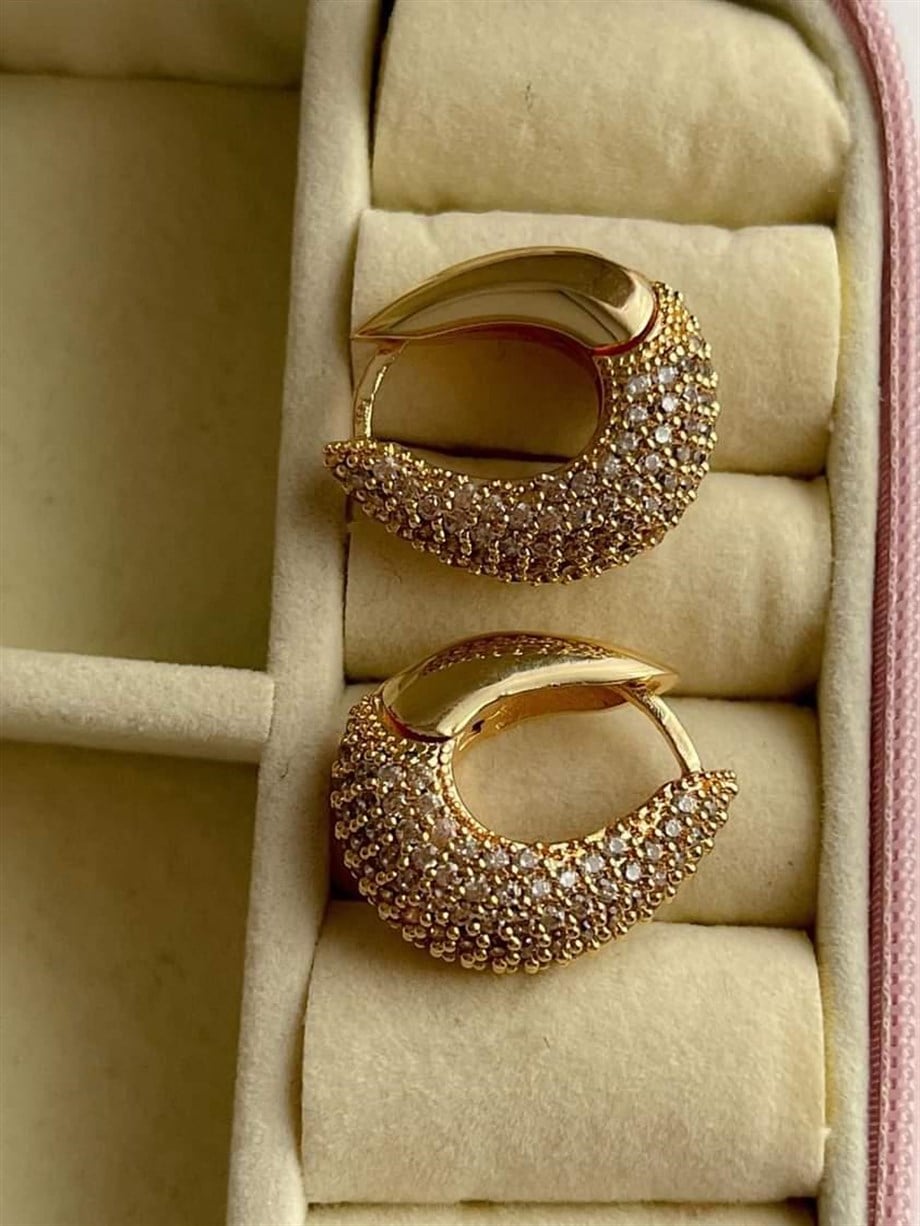 Özel Seri Vip Gold Renk Zirkon Taşlı Küpe (2 Cm)