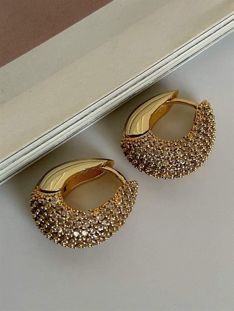 Özel Seri Vip Gold Renk Zirkon Taşlı Küpe (2 Cm)