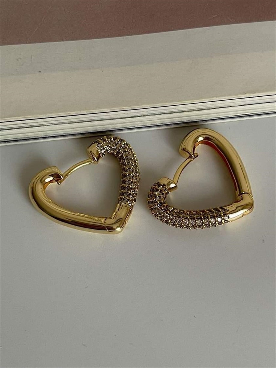 Özel Seri Vip Gold Zirkon Taşlı Kalp Küpe (2 Cm)