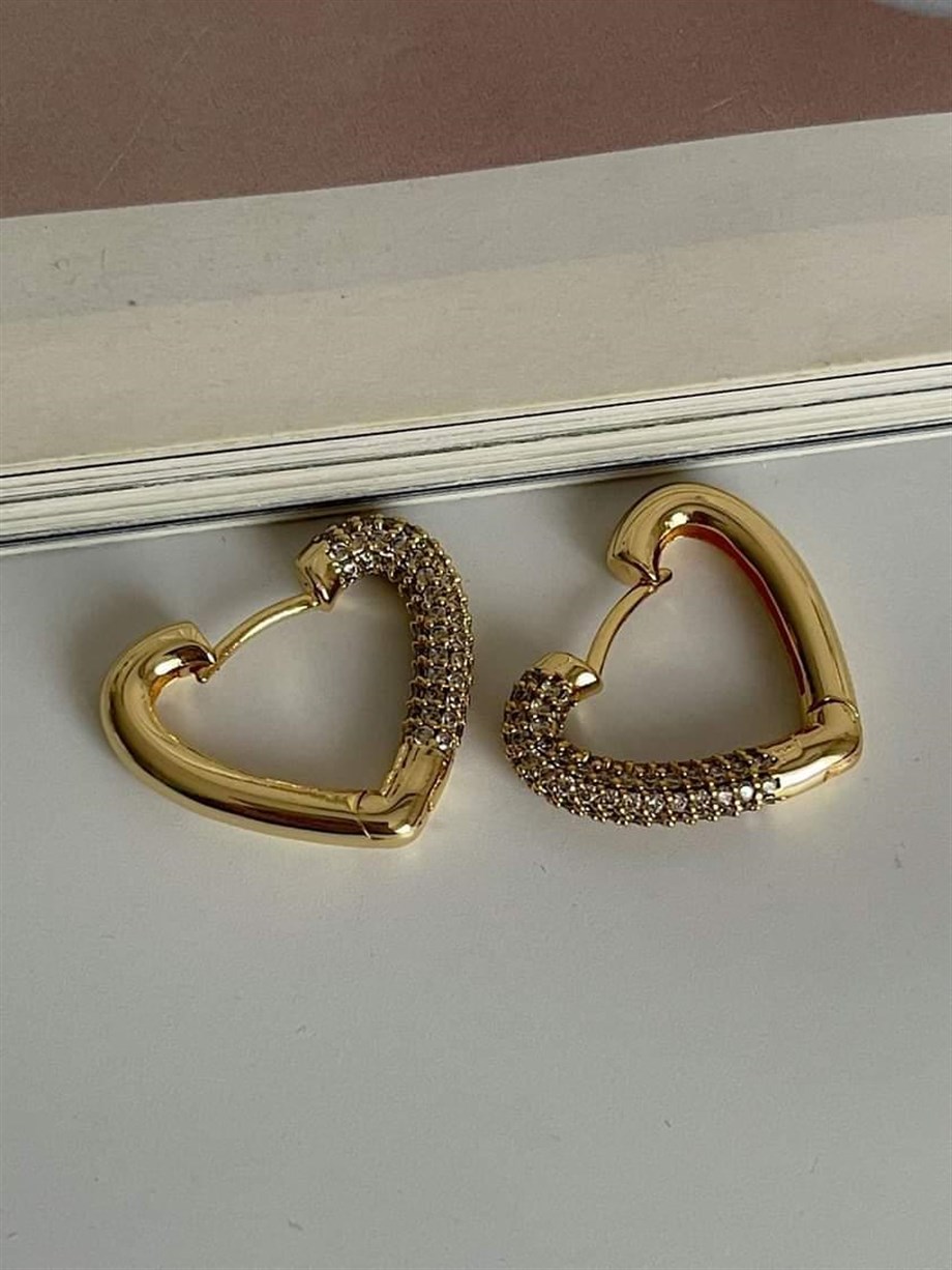 Özel Seri Vip Gold Zirkon Taşlı Kalp Küpe (2 Cm)