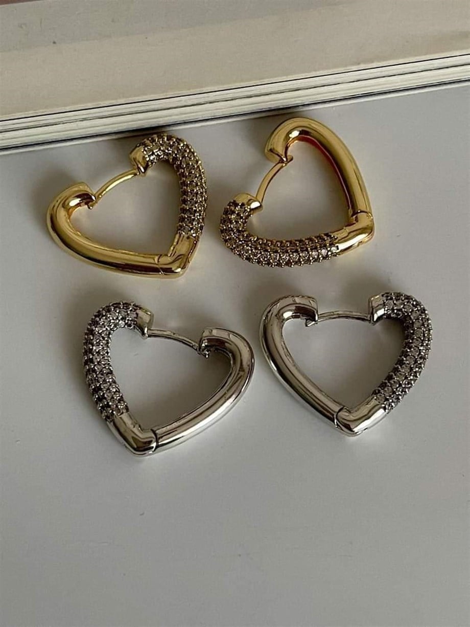 Özel Seri Vip Gold Zirkon Taşlı Kalp Küpe (2 Cm)