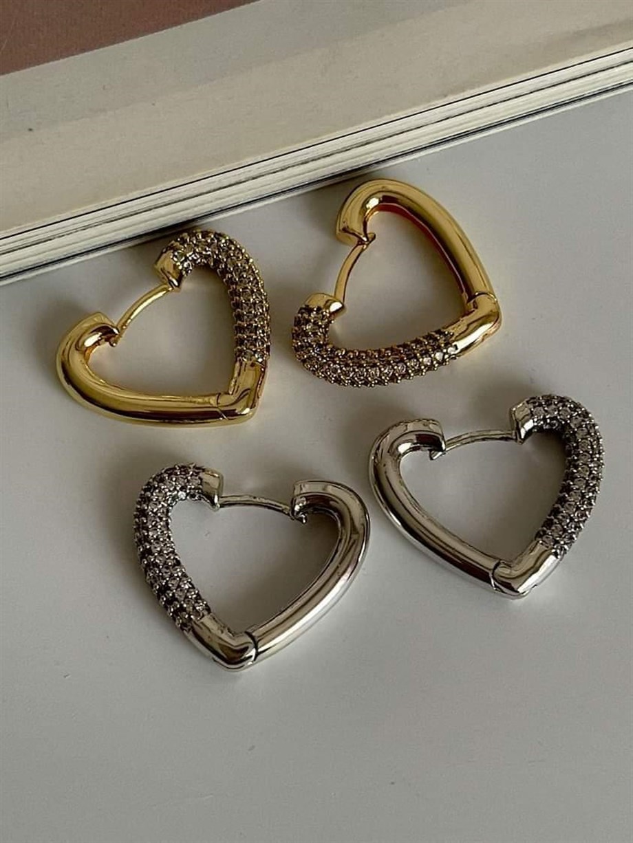 Özel Seri Vip Gold Zirkon Taşlı Kalp Küpe (2 Cm)