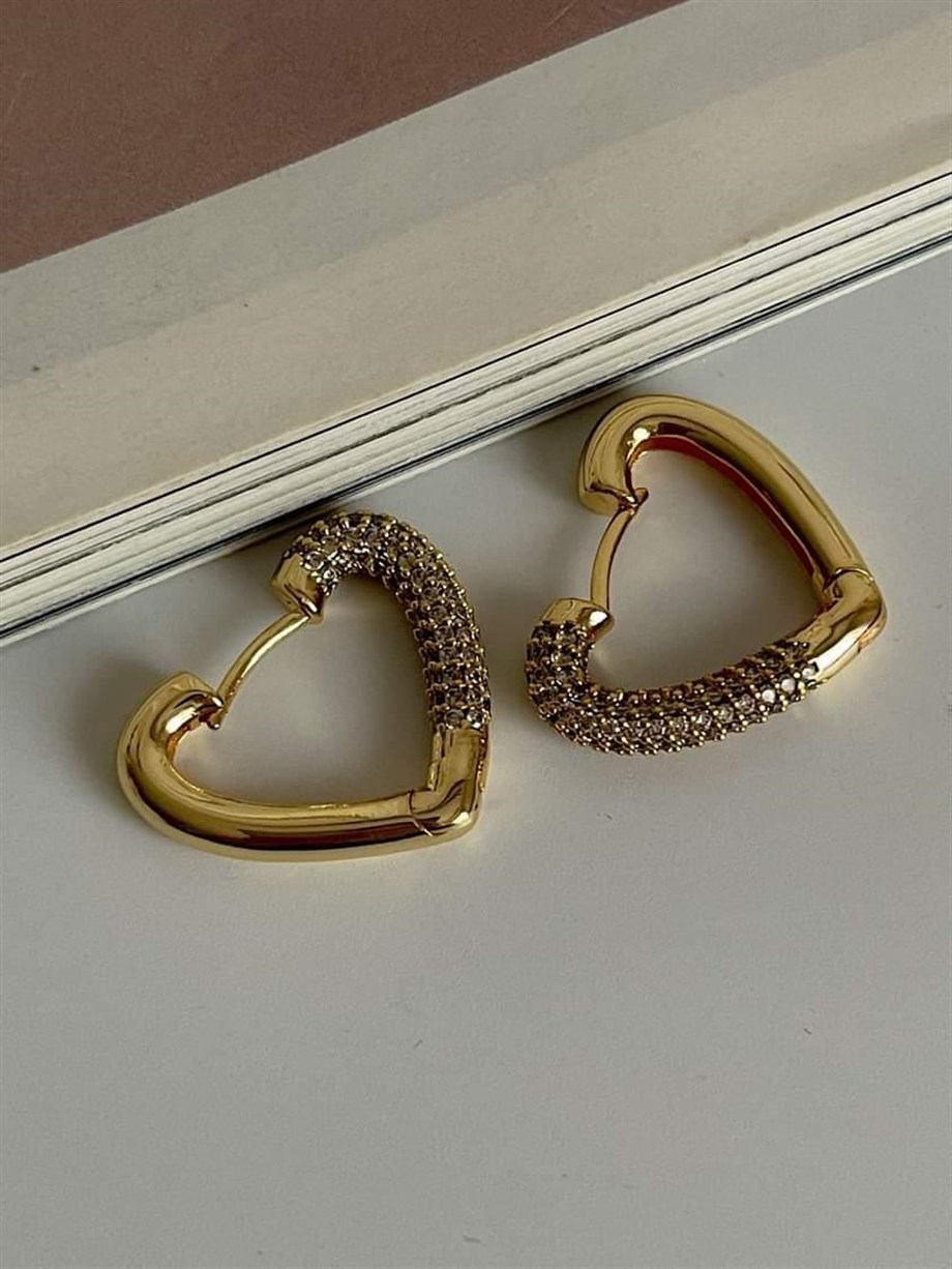 Özel Seri Vip Gold Zirkon Taşlı Kalp Küpe (2 Cm)