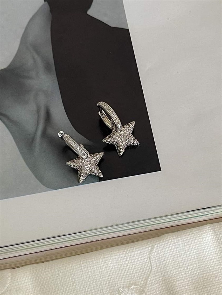 Özel Seri Vip Gümüş Renk Full Zirkon Taşlı Yıldız Küpe (2 Cm)