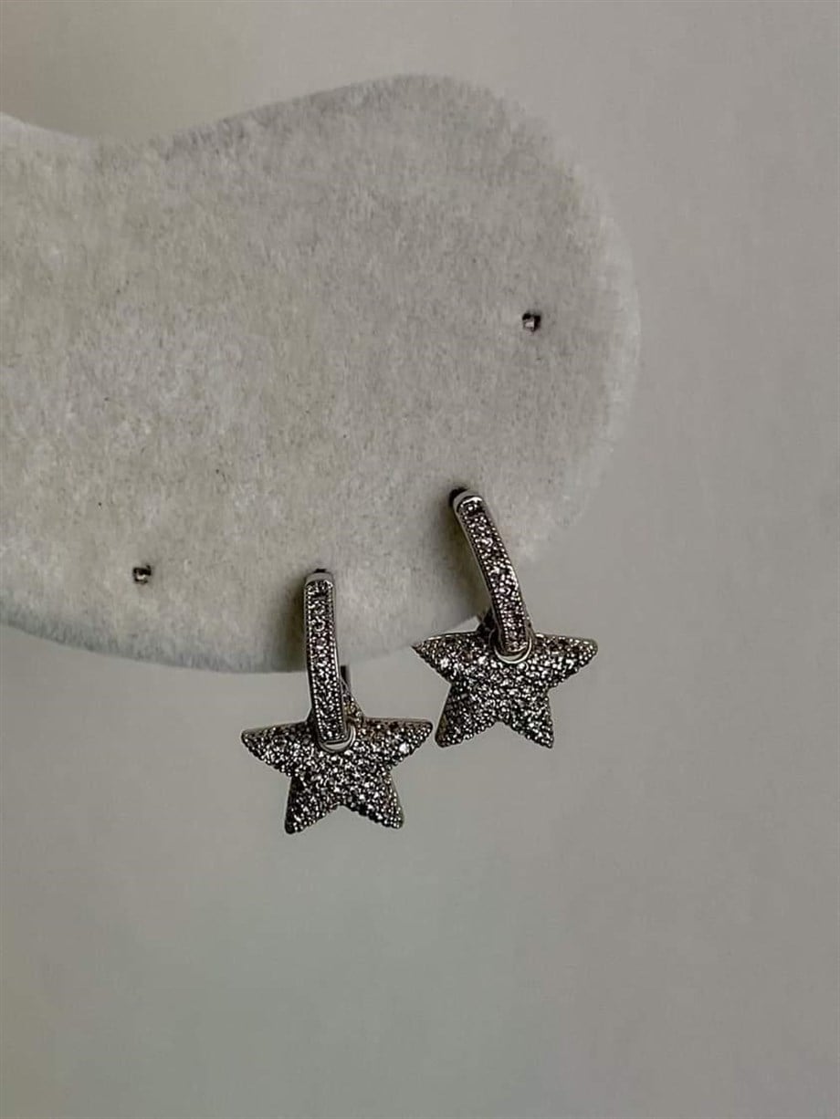 Özel Seri Vip Gümüş Renk Full Zirkon Taşlı Yıldız Küpe (2 Cm)