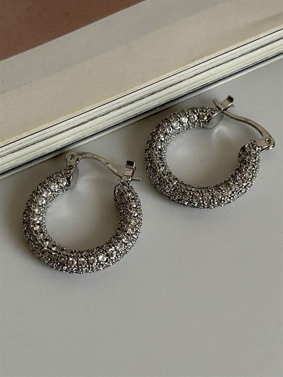 Özel Seri Vip Gümüş Renk Full Zirkon Taşlı Halka Küpe (2.20 Cm)