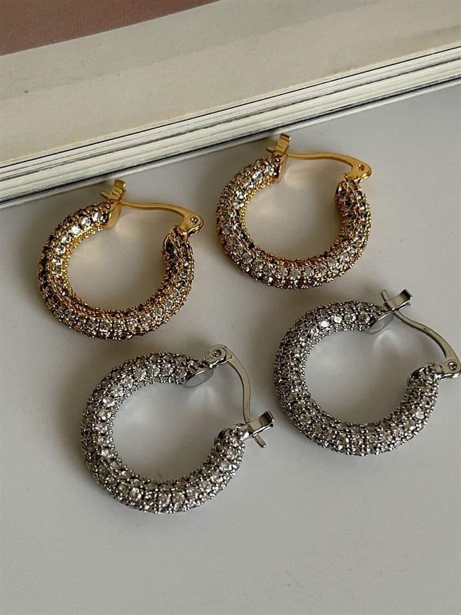 Özel Seri Vip Gümüş Renk Full Zirkon Taşlı Halka Küpe (2.20 Cm)