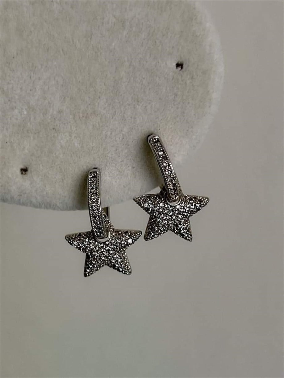 Özel Seri Vip Gümüş Renk Full Zirkon Taşlı Yıldız Küpe (2 Cm)