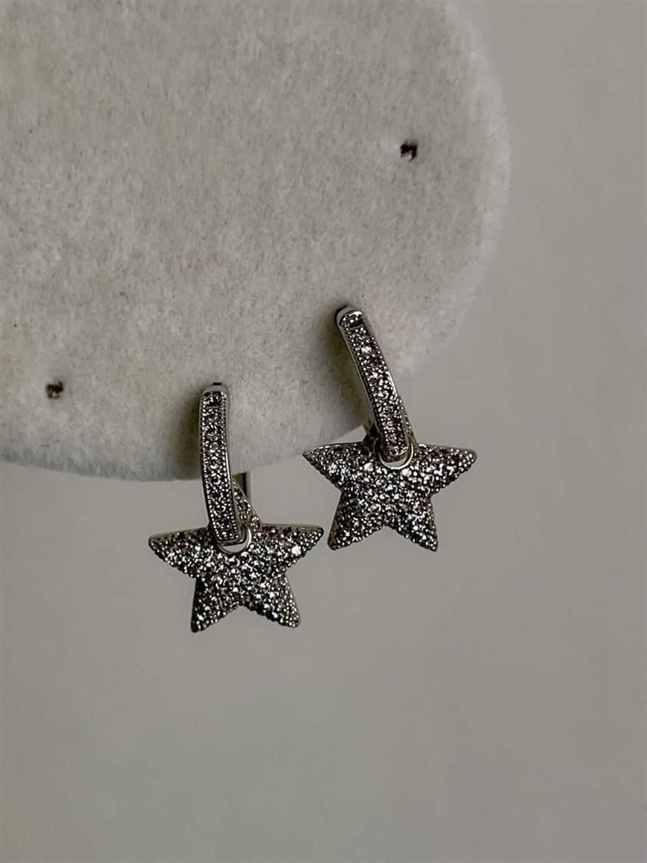 Özel Seri Vip Gümüş Renk Full Zirkon Taşlı Yıldız Küpe (2 Cm)