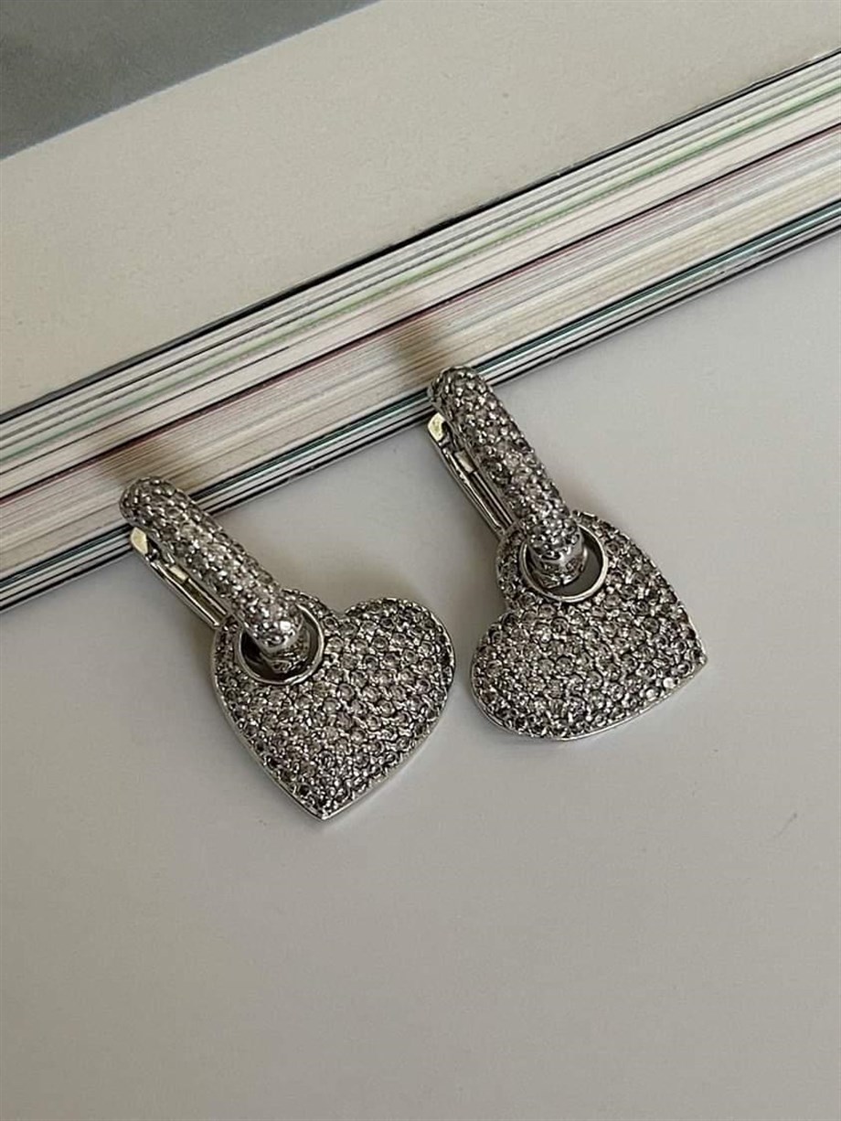 Özel Seri Vip Gümüş Renk Kalp Zirkon Taşlı Küpe (2.5 Cm)
