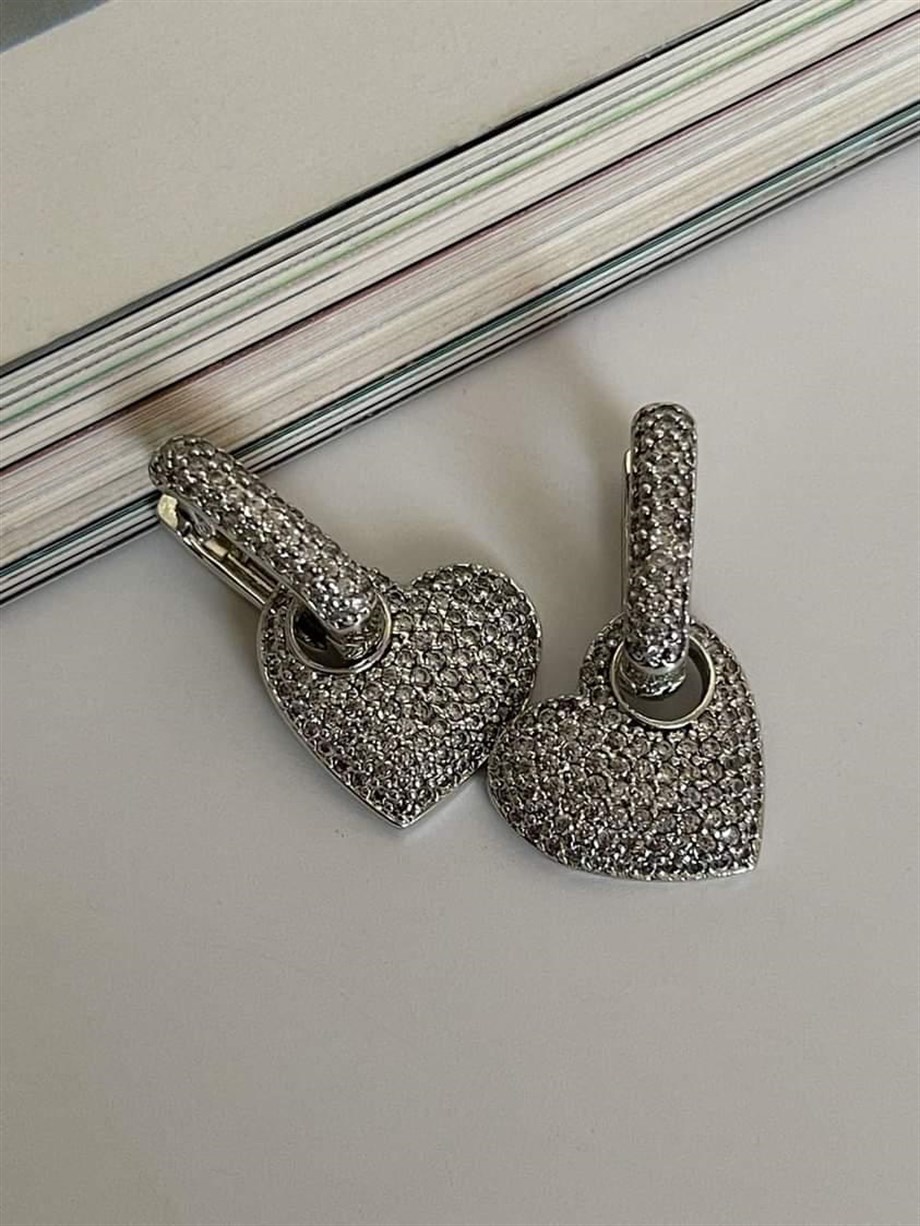 Özel Seri Vip Gümüş Renk Kalp Zirkon Taşlı Küpe (2.5 Cm)