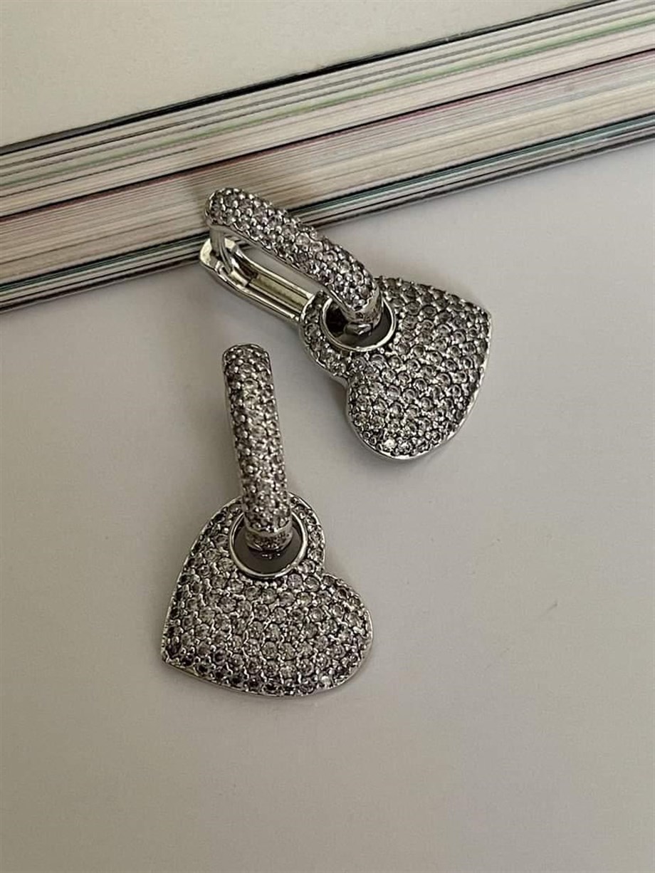 Özel Seri Vip Gümüş Renk Kalp Zirkon Taşlı Küpe (2.5 Cm)